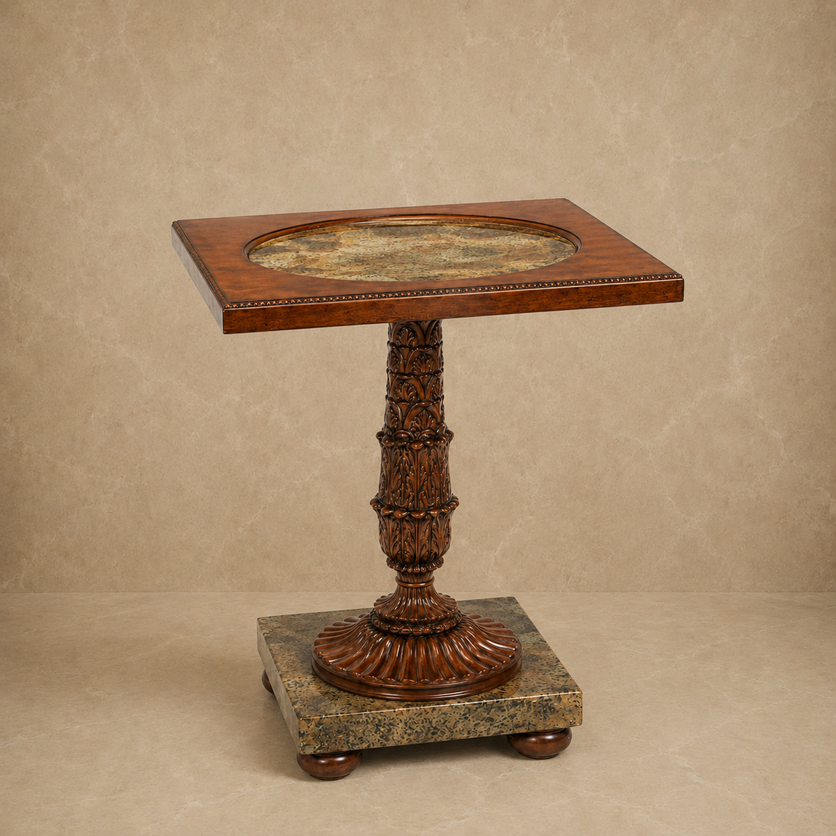 Inset Stone Carved Pedestal Table